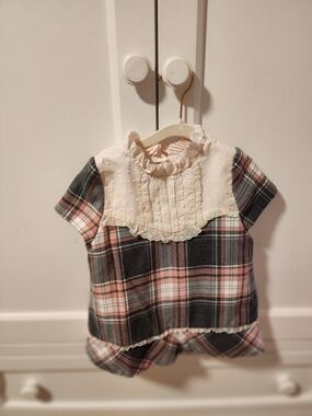 Girls Pink and Gray Plaid Ruffled Yoke Dress